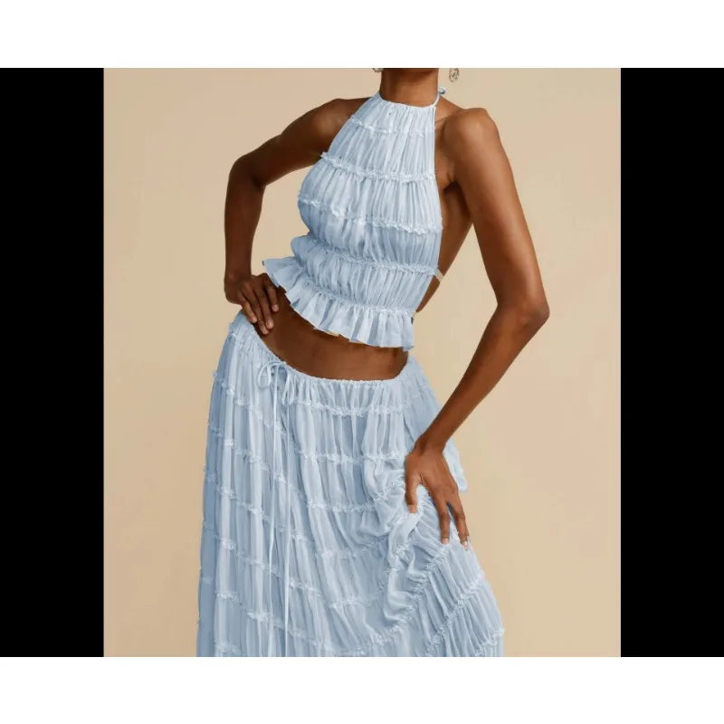 女性用ボヘミアンセクシーバックレスマッチングスーツ2ピースビーチホリデーコーデヴィンテージ風ギャザーホルターキャミトップス+マキシロングスカートパーティー