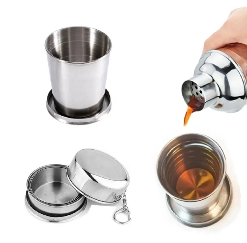 

Stainless Steel Folding Cup Collapsible Camping Mug Lid Keychain Travel Cup