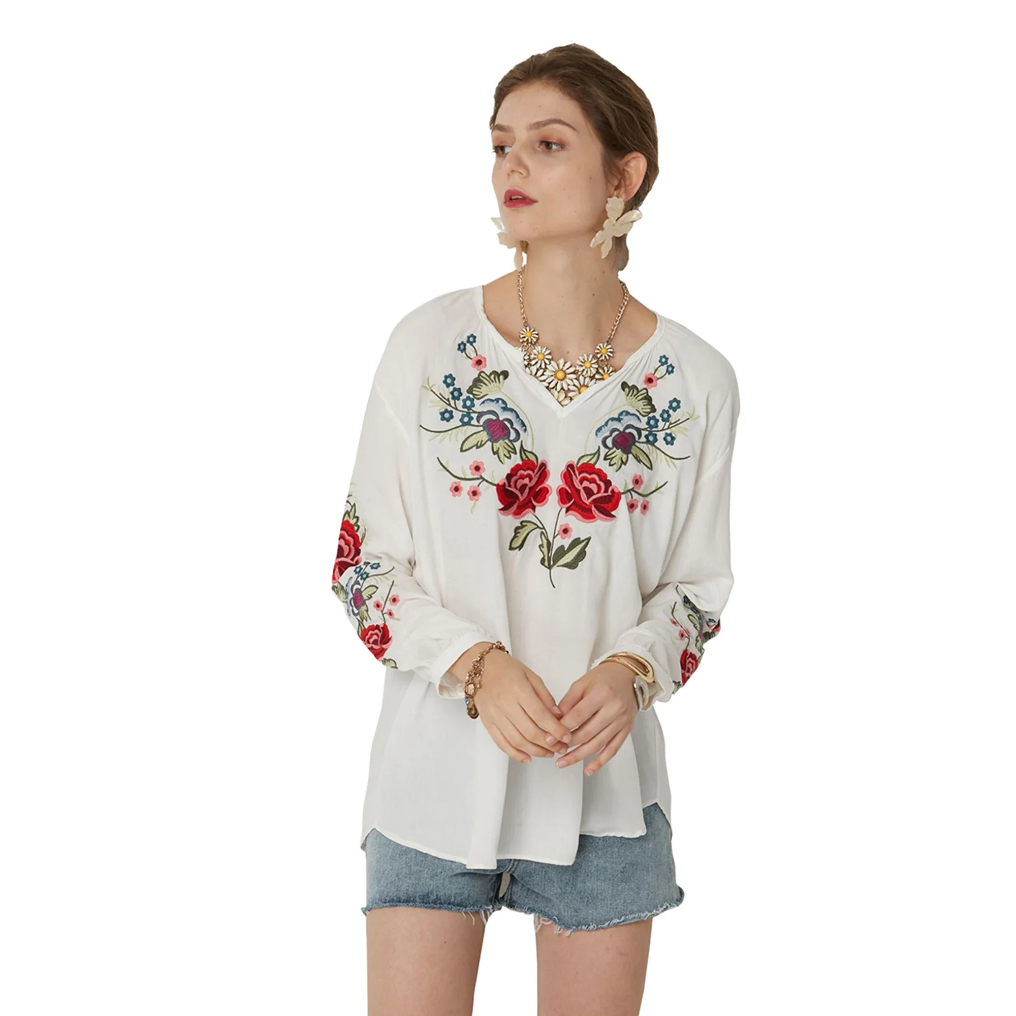 Bohemian Style Women's Embroidered Shirt Loose Waistcoat 3/4 Sleeves Bohemian Style Women Tops  Women Shirt  Blouse