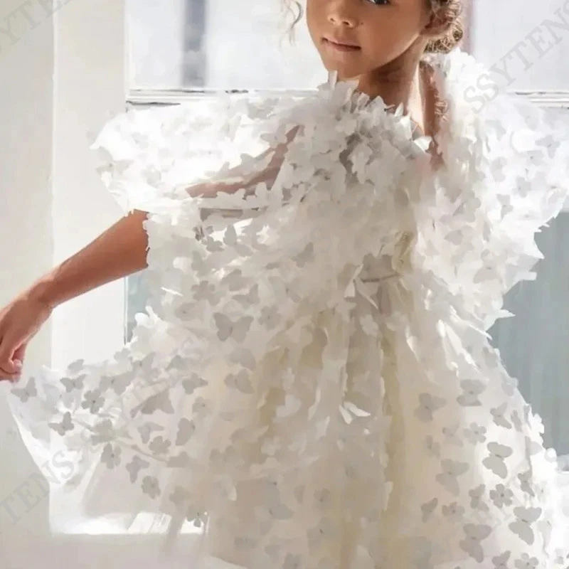 SSYTENS สีชมพู A-Line Tulle ดอกไม้สาวชุดผีเสื้อสั้นพัฟแขนเด็กชุด 2025 มินิชุดวันเกิดที่กําหนดเอง