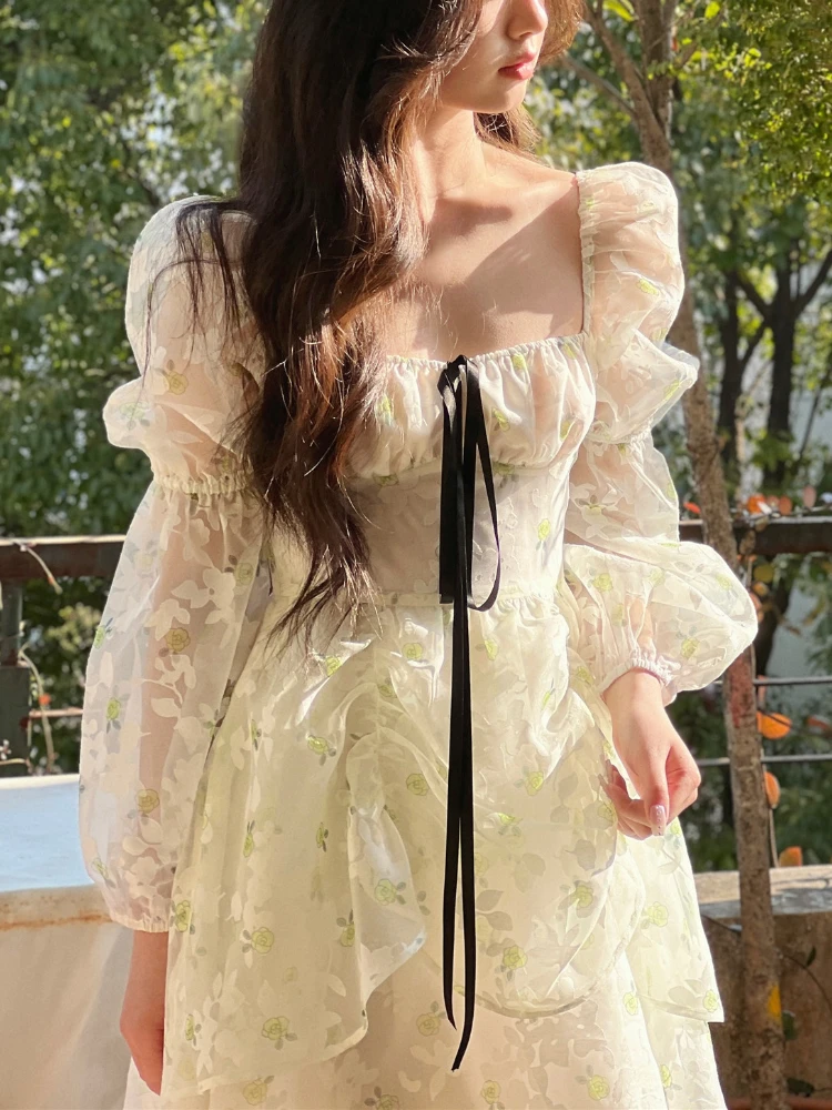 

2022 Summer Sweet Floral Midi Dress Long Sleeve Elegant Short Party Dress Woman Casual Vintage One Piece Dress Korea Fashion Bow