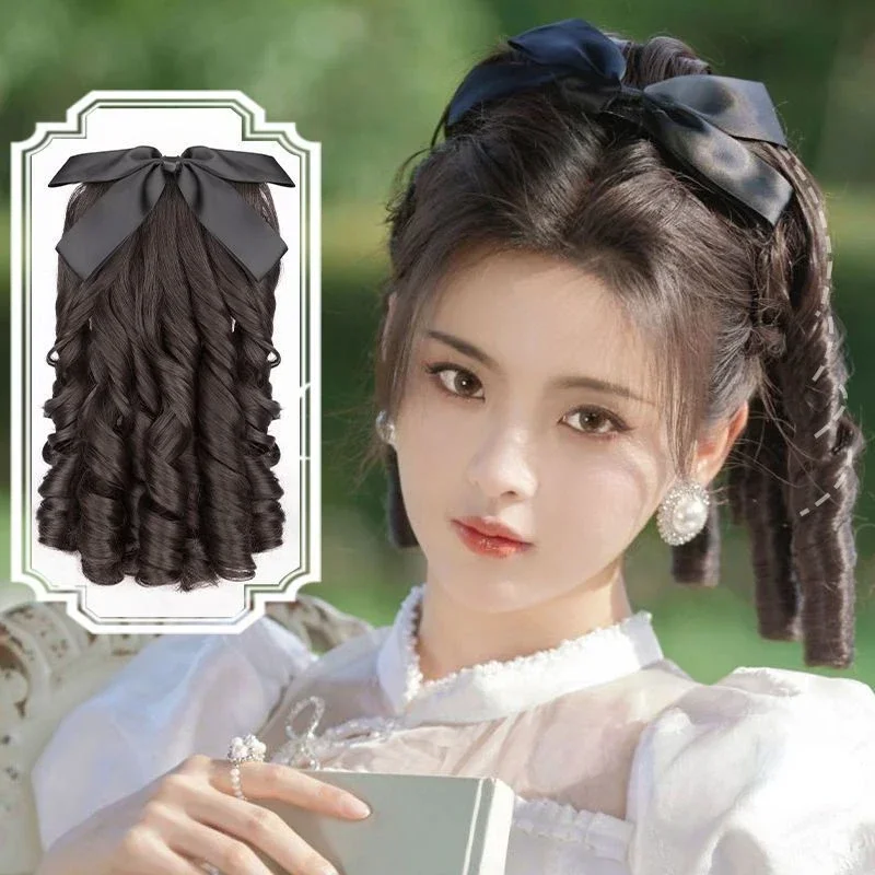 

Vintage Roman Curly Wig Women Elegant Lolita Dress Cheongsam Dress Bow Fake Ponytail Cosplay Props Stage Performance Accessories