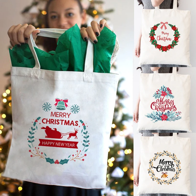 

Merry Christma Print Women Tote Bag Large Capacity Shopping Bag Reusable Female Shoulder Handbag Canvas Girl Handbags Gifts