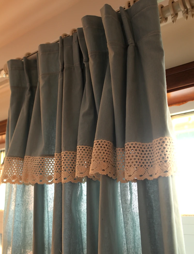 

American Rural Semi-blackout Blue Curtains with Crochet Lace Valance Cotton Linen Fabric Window Drapes for Living Room Bedroom