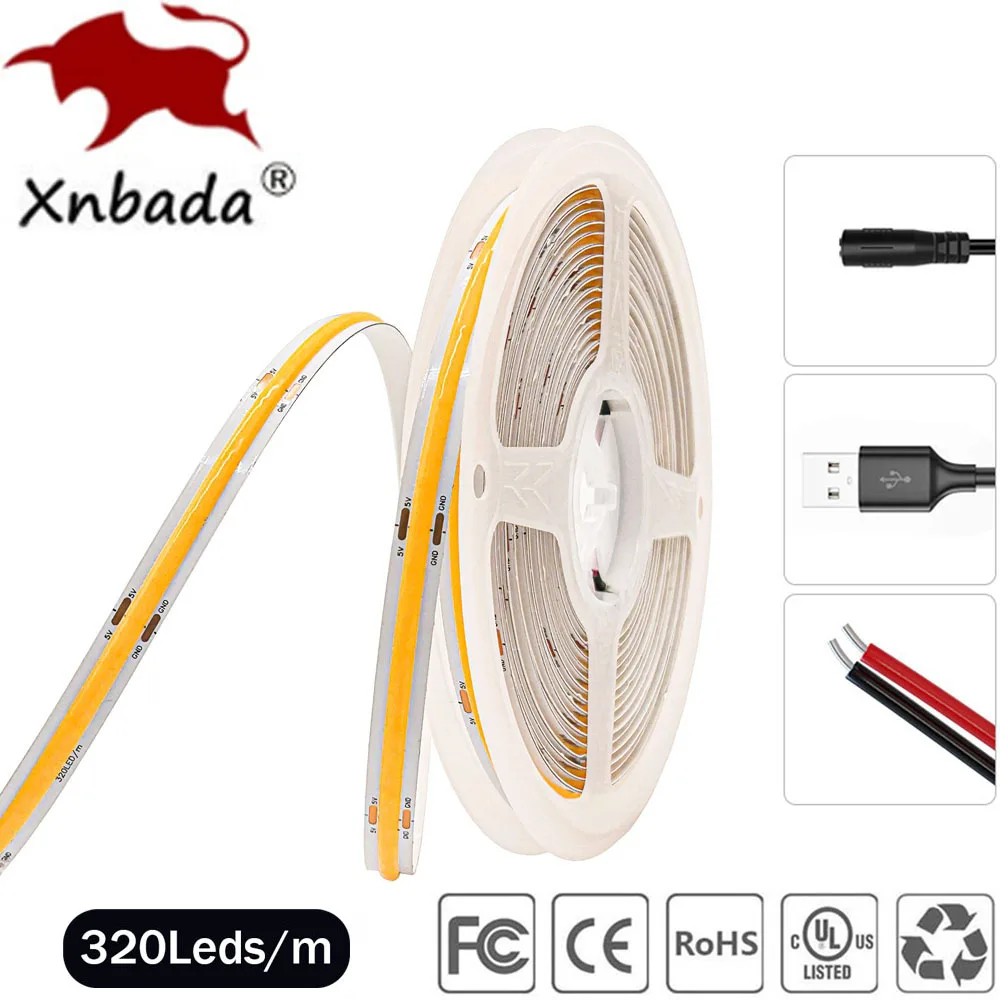 Pasek COB LED USB/DC o wysokiej gęstości oświetlenie liniowe 320Leds/m elastyczna taśma światła ciepłe naturalna biel czerwono-niebiesko-zielony