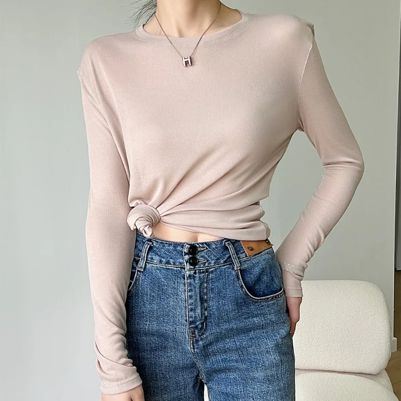 Solid T-shirts Women O-neck Lyocell Fabric Thin Long Sleeve Thin Sun Protection Korean Style Simple Cozy Temperament All-match