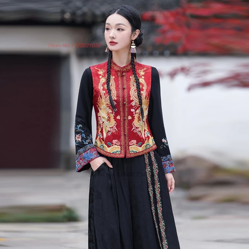 

Национальный жилет с вышивкой феникса 2026 года, атласный жаккардовый, в этническом стиле, с воротником-стойкой, без рукавов, китайский традиционный жилет