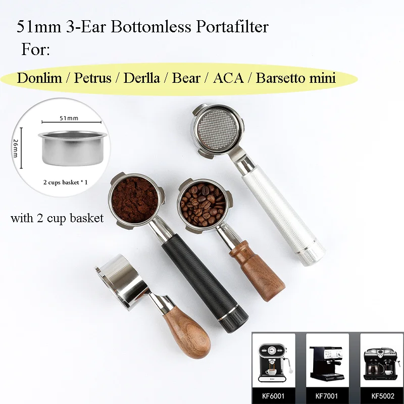 Portafiltro sin fondo de 3 orejas de 51mm para Donlim/Petrus/Barsetto Mini mango de café de acero inoxidable con cesta de Espresso de doble disparo