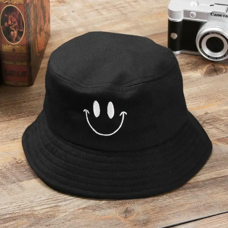 Smile Face Embroidery  Summer Bucket Hat Men's Pure Color Panama Fedoras Outdoor Fisherman Hat Visor Basin Cap Beach Hat