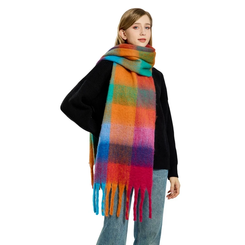 Bufanda a cuadros de colores para mujer, bufanda larga gruesa de Mohair, protección del cuello cálida a prueba de frío para invierno, informal y versátil