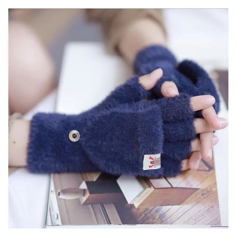 Cute Women's Flip Gloves Plush Autumn Winter Kawaii Knit clamshell Gloves Soft Elastic Half-Finger Warm Writing Velvet Gloves