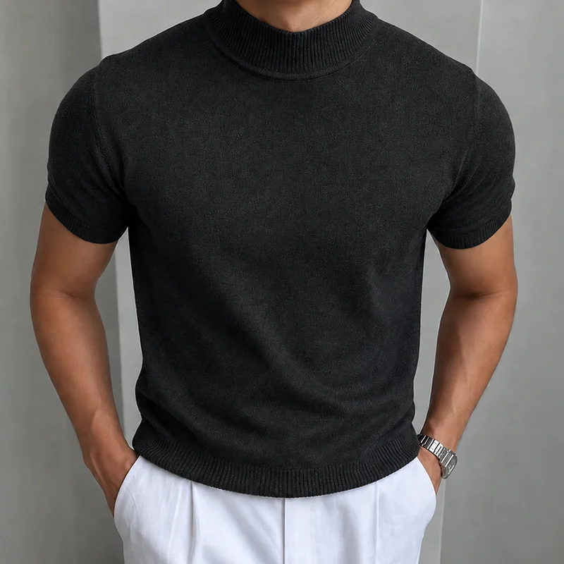 Herren Casual Einfaches Strick-T-Shirt Halbhoher Kragen Weicher Komfort Modisch Einfarbiges Strick-Kurzarm-T-Shirt Mock Neck Pullover – Detail 14