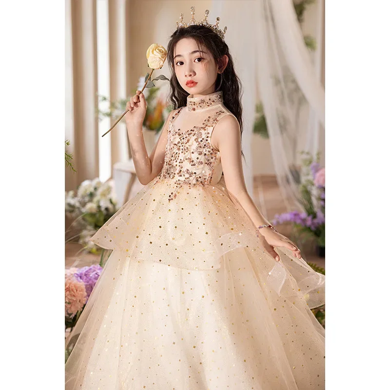 Baby Girl Sleeveless Stand Collar Princess Dress Children Luxury High-End Birthday Party Flower Girl Wedding Frock For Kid Girls