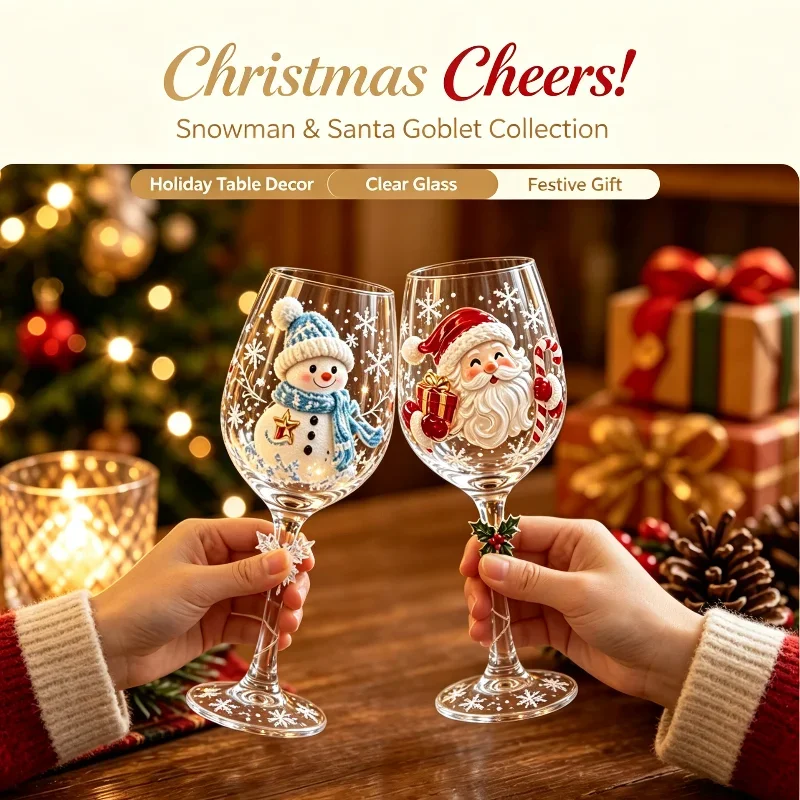 Christmas Snowflake 3D Embossed Xmas Goblet Luxury Wine Glasses Santa Snowman Reindeer Stocking Tree Wreath Xmas Table Decor ﻿