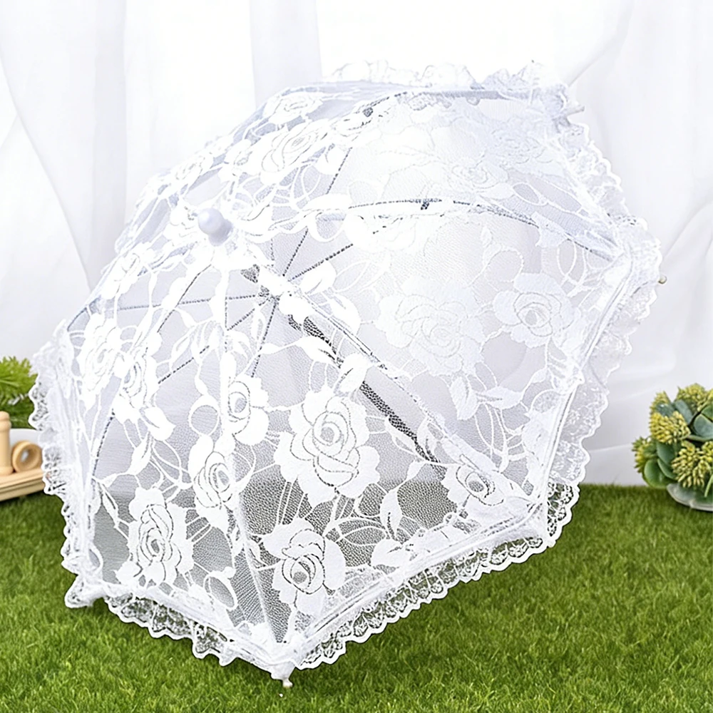 White Lace Rose Wedding Umbrella, Elegant Bridal Parasol for Photography, Mini Bridal Umbrella Shower Party Decoration