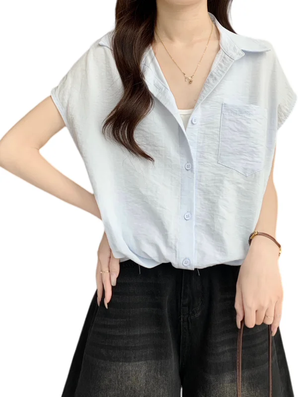 V-Neck Short Sleeve Base Shirt Women Summer 2026 plus Size Design Shortened Age Super Fire Top Commute Style Loose Fit Button...