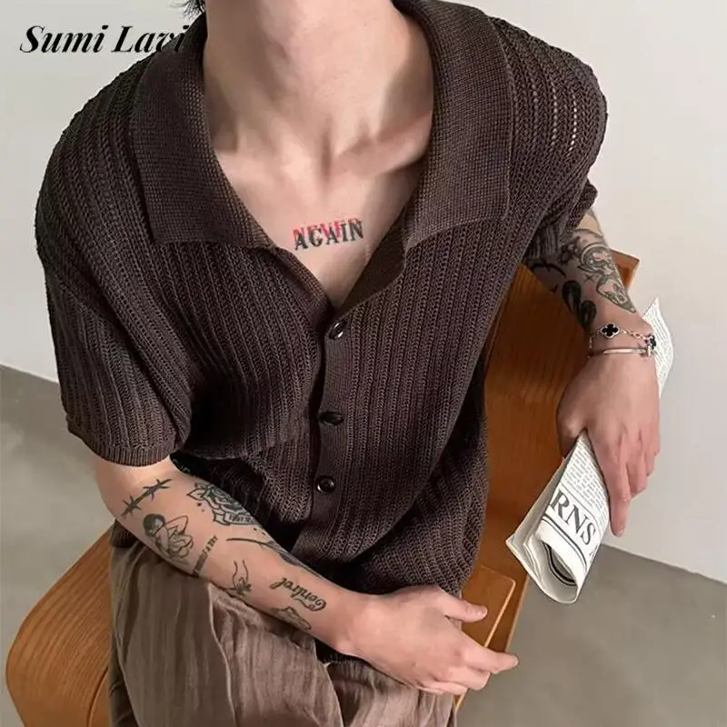 Summer New Casual Hollow Out Knit Shirts Men Vintage Button-up Lapel Short Sleeve Shirt Solid Color Mens Knitted Cardigan Tops