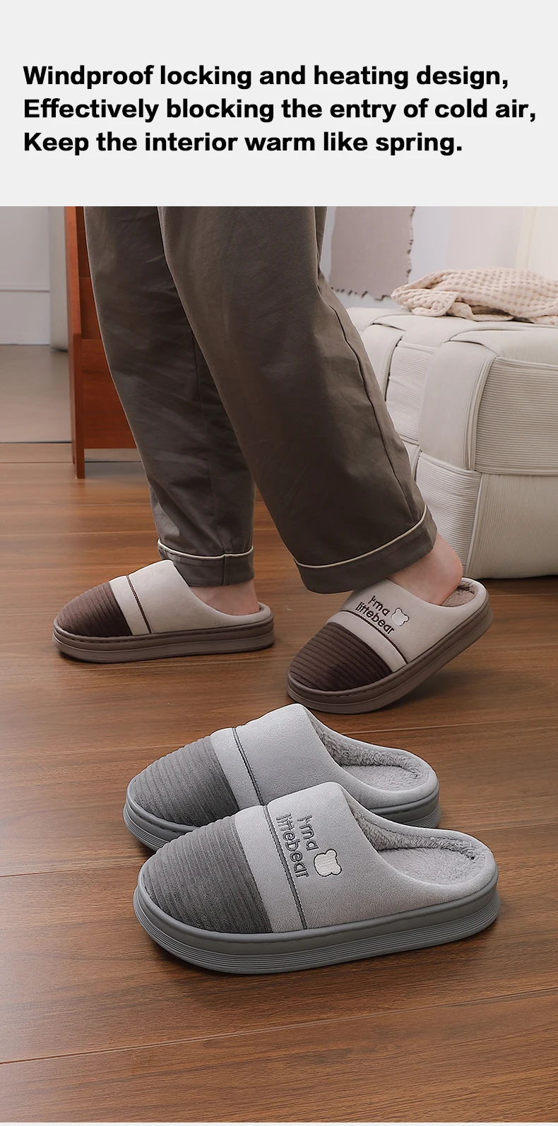 Winterwarme Herren-Hausschuhe mit niedlicher Bären-Stickerei, Plüsch-Fleece-Futter, dicke Plattform, rutschfest, für drinnen, Zuhause, Schlafzimmer. – Detail 6