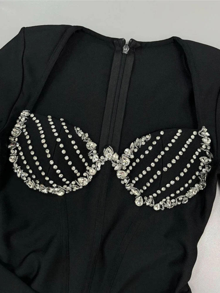 لامعة الديكور أنيقة ضمادة فستان أسود طويل فستان للنساء طويلة الأكمام الماس كريستال طيات Bodycon حفلة المشاهير #4