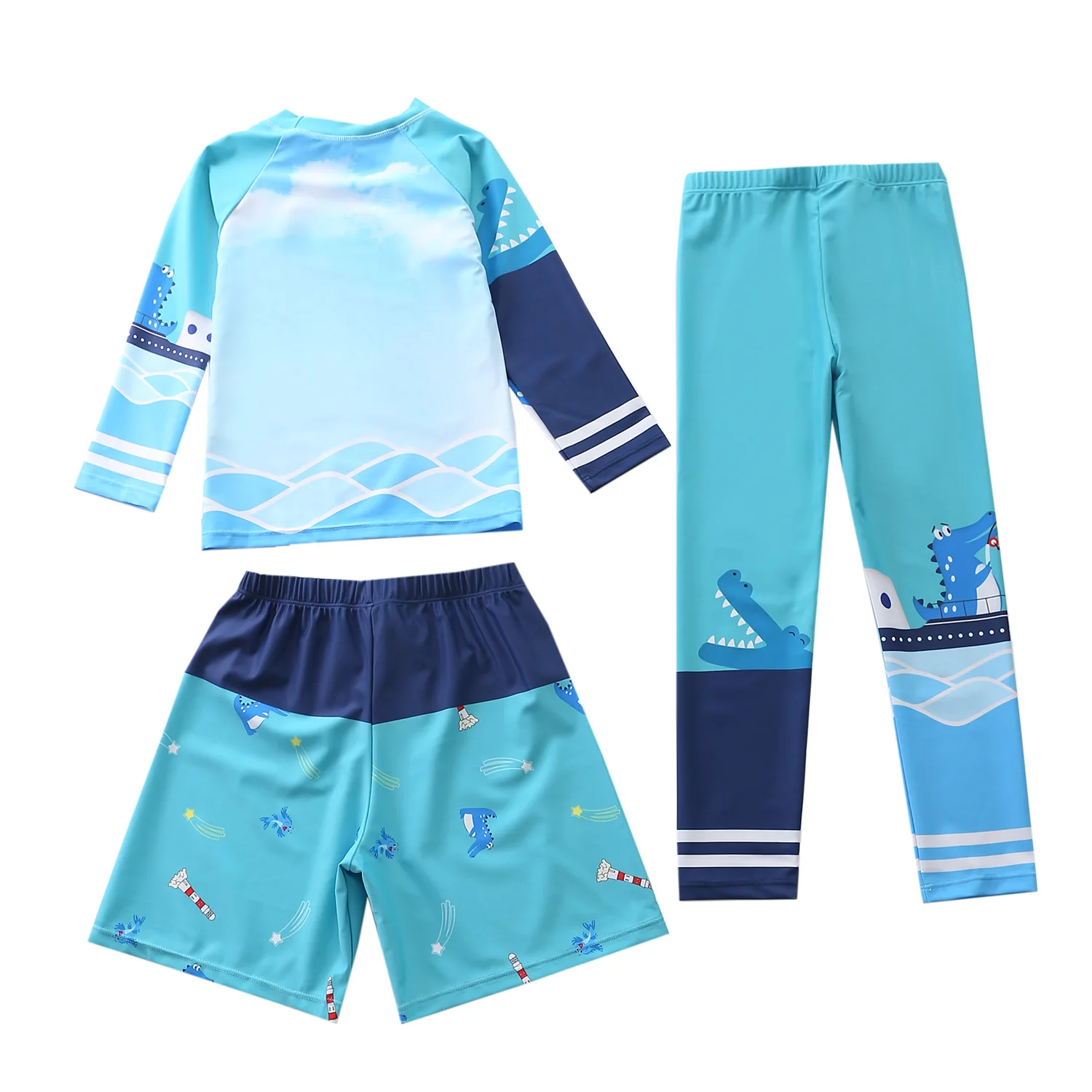 HappyFlute Summer 3 Piece Set Boys Long Sleeve Cartoon Animals Print Sunscreen Surfing Bathing Suit