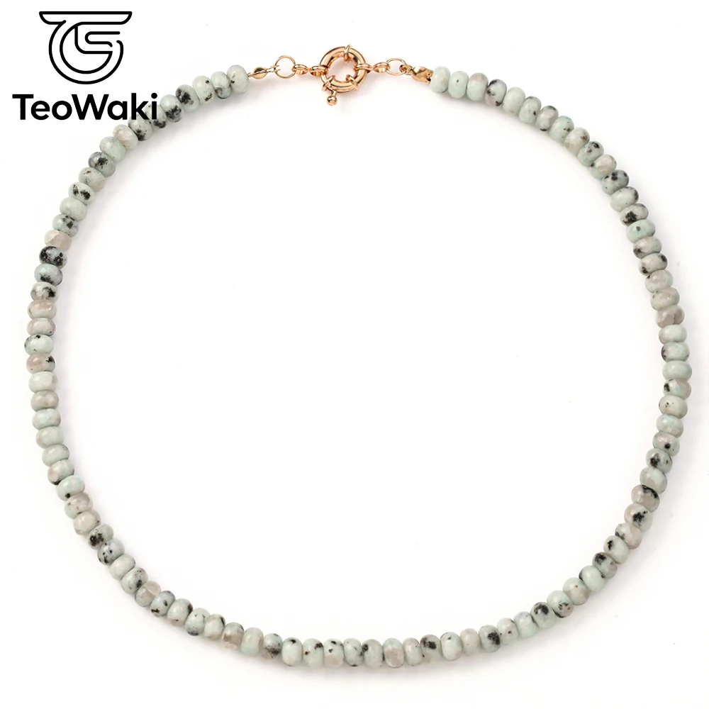 TeoWaki 4x6mm Tianshan Blue Rondelle Beaded Necklace Boho Summer Autumn Beach Layering Necklace Jewelry Gift for Women 40cm