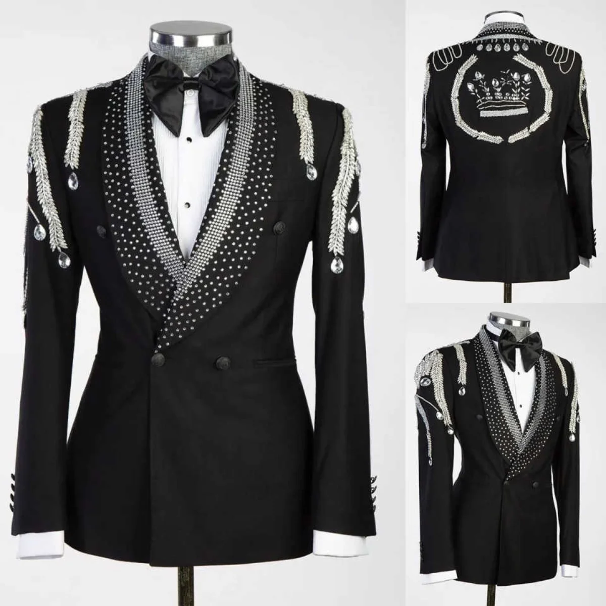 

Wedding Groom Tuxedos 2 Pieces Jacket Pants Double Breasted Crystal Beads Special Occasion Party Customized