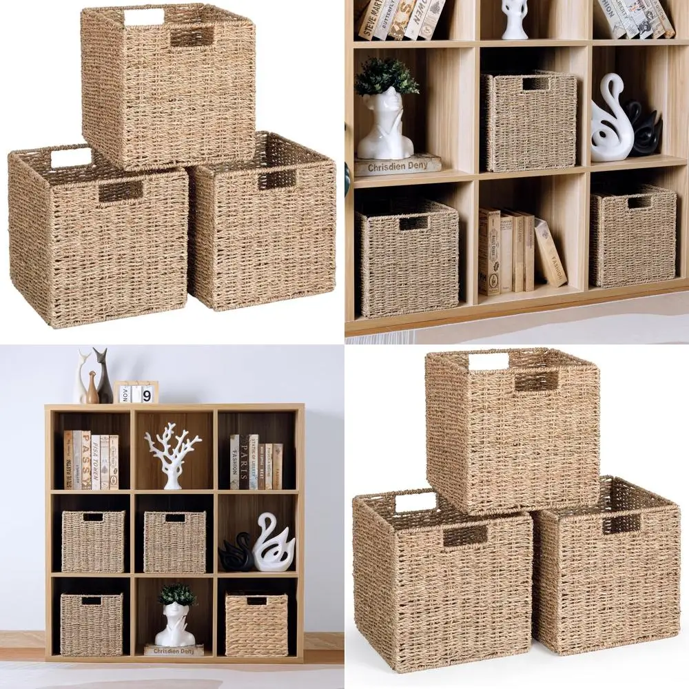 

Set of 3 Foldable Seagrass Cube Storage Baskets for Shelves, Large Square Wicker Collapsible Bins