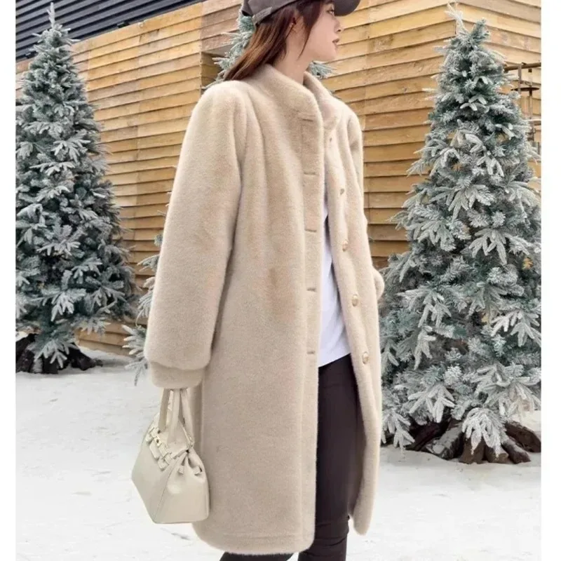 Stand Up Faux Mink Fur Coat Leather and Fur Women's Furry Jackets Winter Thick Loose Plush Coats Long Sleeves Warm Fluffy Jacket