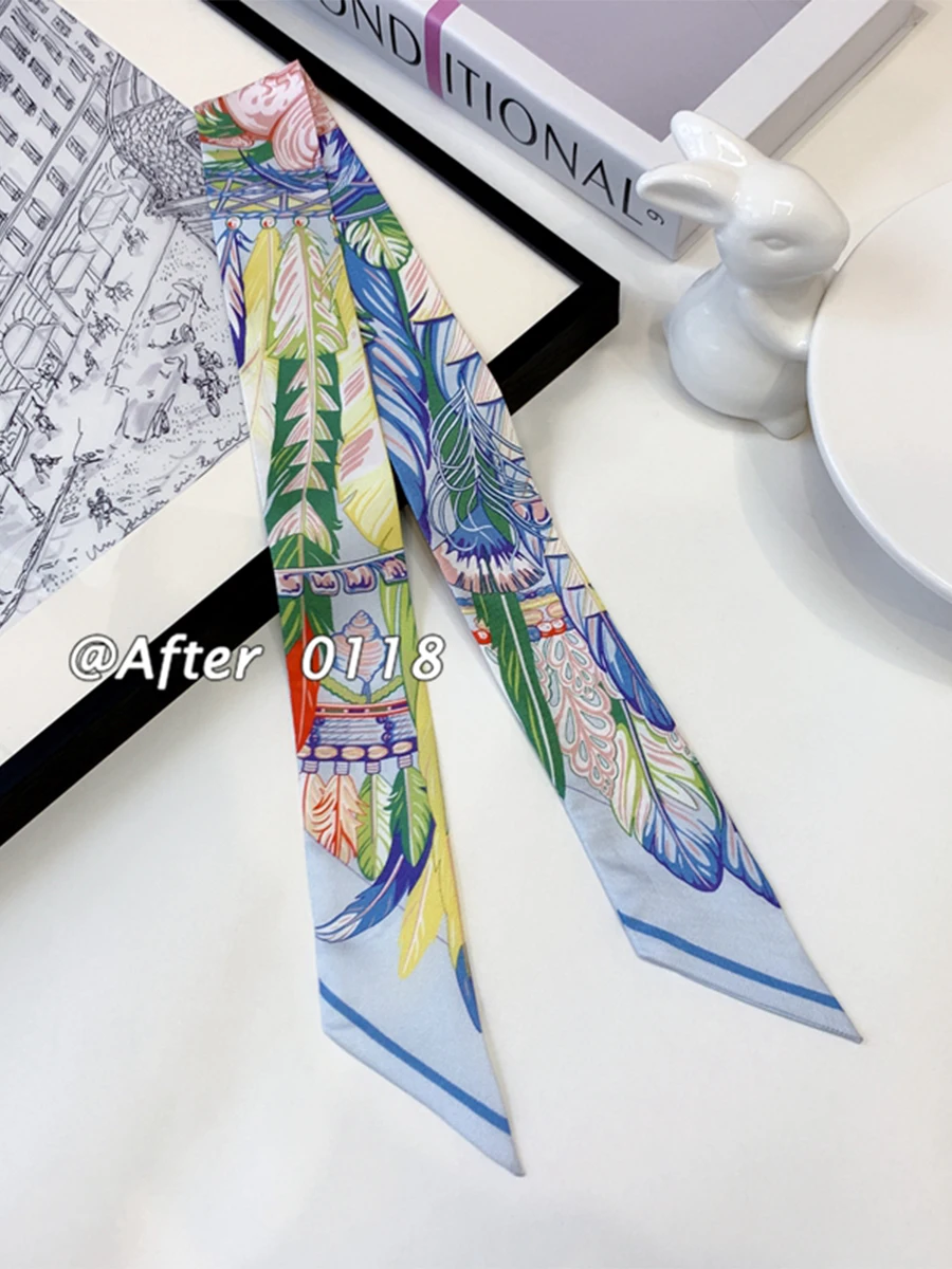 

Original Labubu Silk Long Scarf Twill Bag Wrap Silk Scarf Bag Ties Hair Ties Multi-Functional Printed Silk Scarf