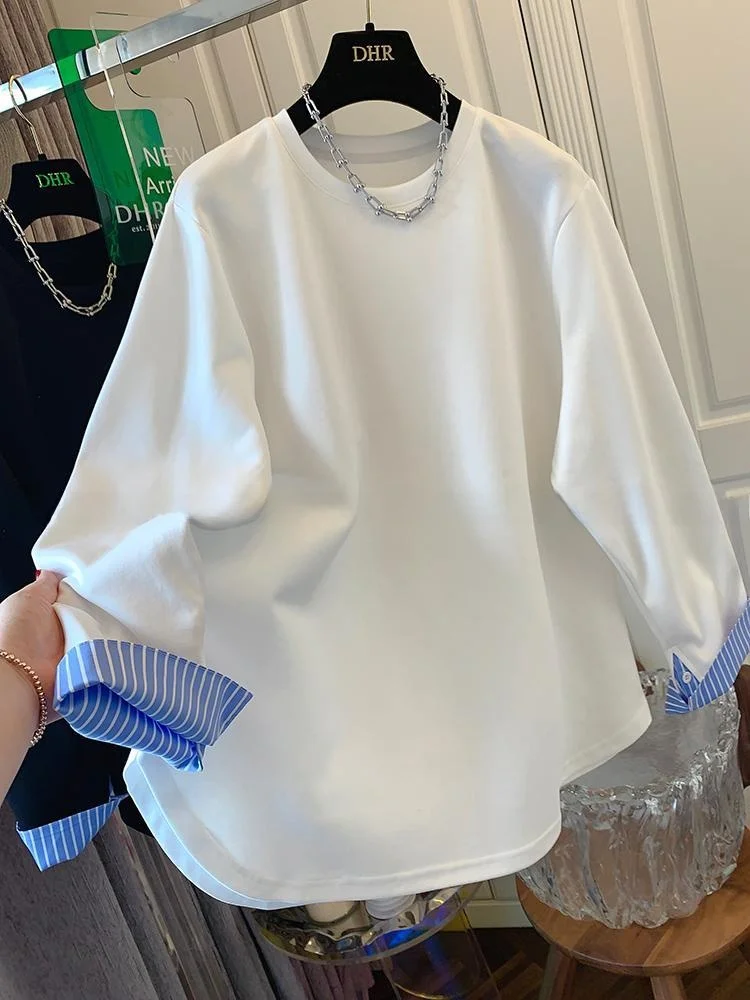 

Large Size Men's round Ne T-irt 2300 Pou Autumn Winter Patchwork irt Fake Two-Piece Sweatirt Breathable Cotton Lon...