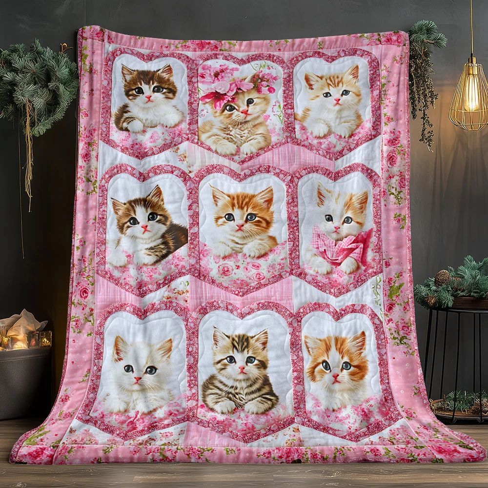 1pc Kitten Patchwork Printed Outdoor Throw Blanket, Lightweight Soft‑Warm Digital‑Print Flannel Blanket for Camping, Picnic