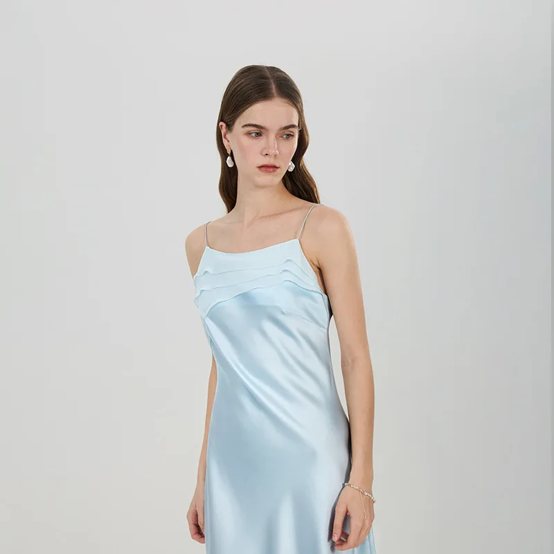 2026 100% Mulberry Silk Slip Dress Women Ruffle Layer Cami Maxi Dresses Patchwork Satin Elegant French Party Evening Long dress