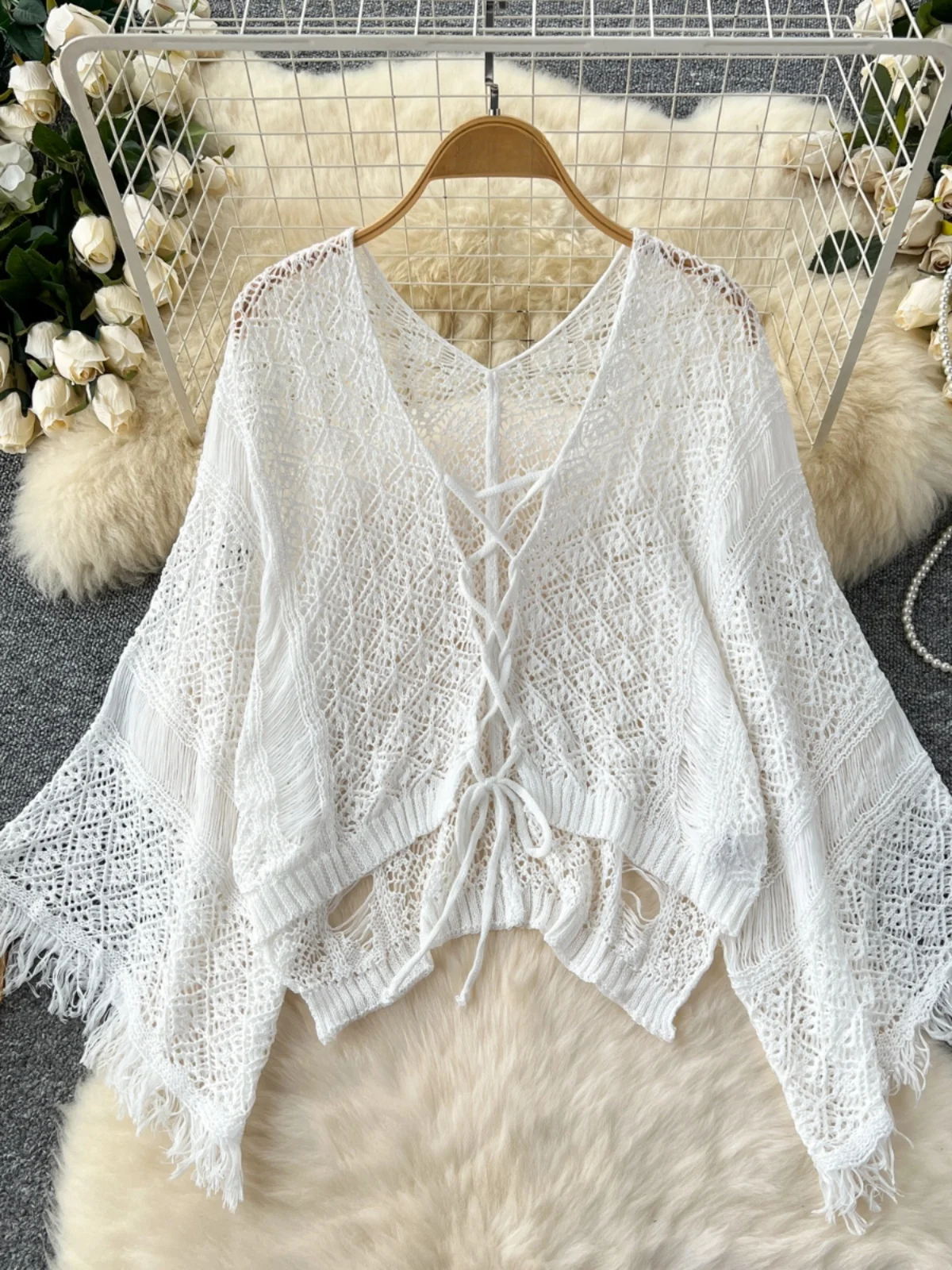 Beach Cover up Knitted Long Sve Hollow out Belted Trousers Women's Summer Faion Outerwear Loose Fit Korean Sle Top