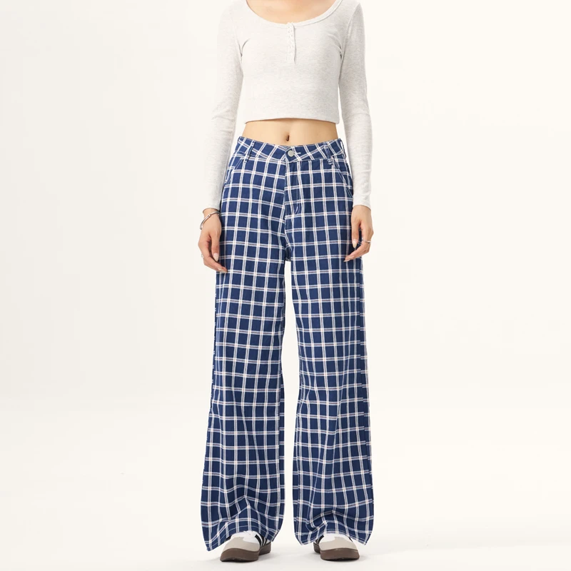 Plaid Printed Jeans Women Graphic Mid Rise Denim Pants Female's Casual Streetwear