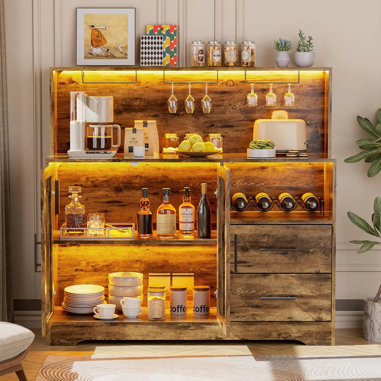 LED Wine Bar Cabinet with Power Outlets, Drawers, Rack & Glass Holder, Sideboard for Living Room & Kitchen, Customized