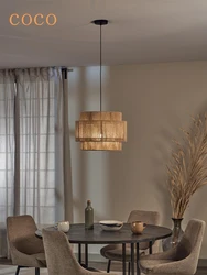 Retro Creative Hemp Rope Art LED Pendant Light For Living Dining Room Rattan Ring Brown Lamp Home Decor Restaurant Hanging Light