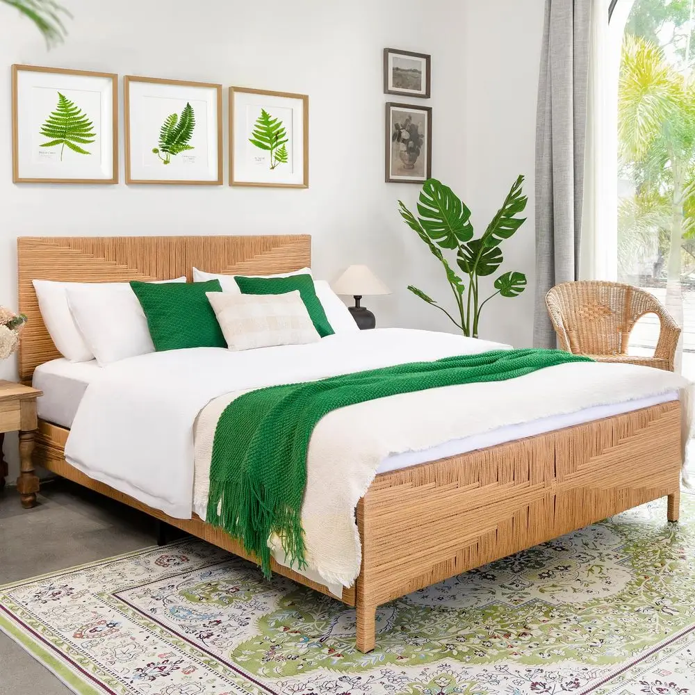 

Queen Rattan Style Boho Bed Frame with Headboard and Footboard, Mid Century Modern HandWoven Wicker Bedframe with Vintage Patte