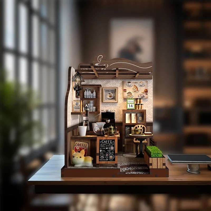 3D Wooden Puzzle Cottage Country Coffee House Model  Smart Handmade Toys Micro View Bookends