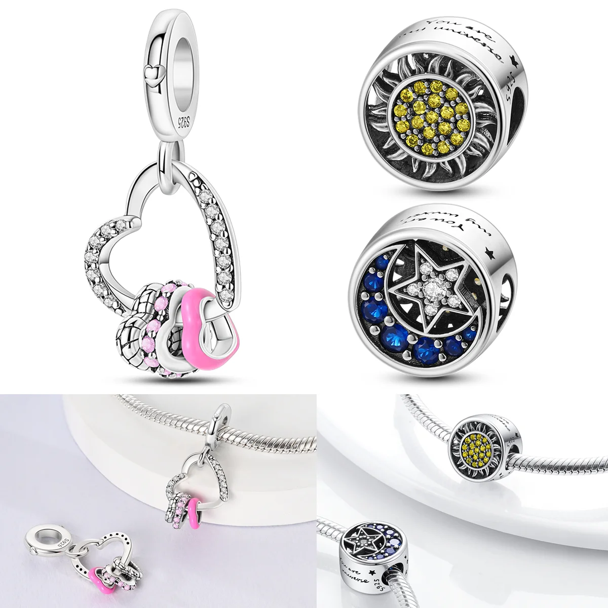 Breloques en argent Sterling 925, soleil, étoile, lune, perle en Zircon CZ, cœur d'amour, adaptées au Bracelet Original, bricolage, bijoux cadeau pour femmes