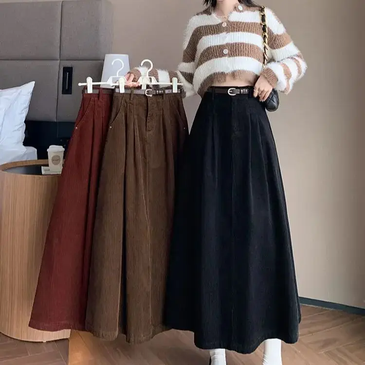 Corduroy A-Line Mid-Length Skirt Retro Women Autumn Winter High-Waisted Pleated Skirt Women Street Versatile Long Skirt