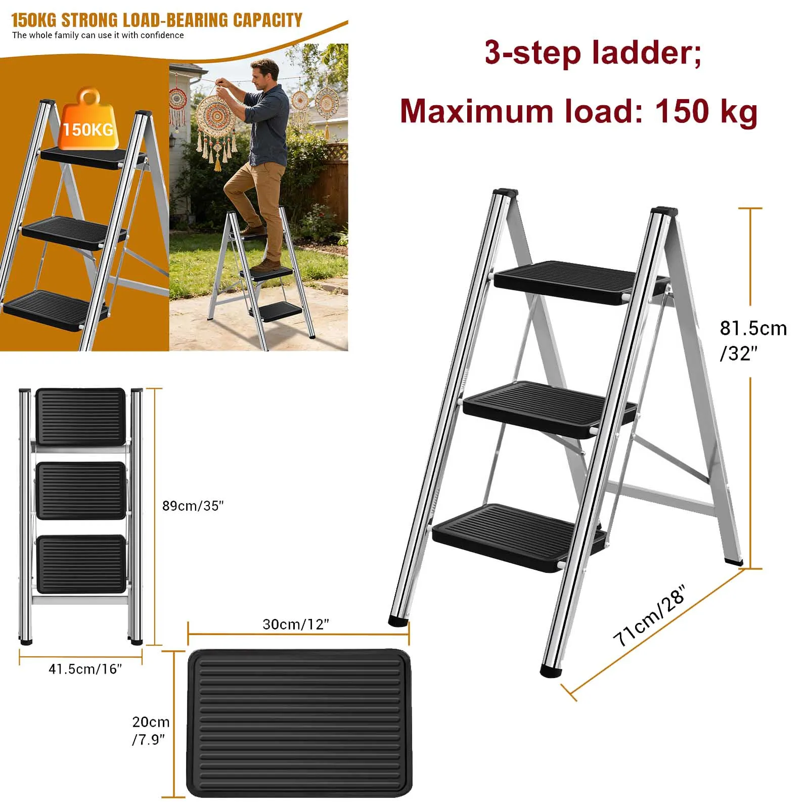 Escalera Plegable de 2 Peldaños Antideslizante – Taburete Doméstico con Almohadillas Antideslizantes, Taburete de Cocina Plegable para Adultos, Escalera Resistente