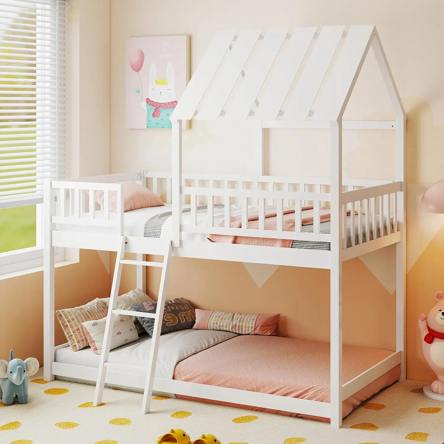 Twin Over Twin House Bunk Bed, Low Loft Bed Frame with Roof, Wood Bunk Bed with Ladder & Full-Length Guardrails,, Customized