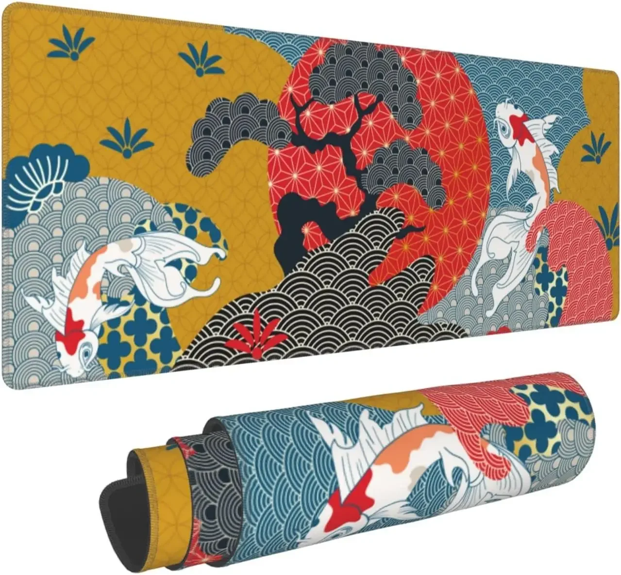 

Большой коврик для мыши Koi Carp Fish, милый забавный коврик для мыши с цветком сакуры и океанской волной для женщин, большой настольный коврик XL для рабочего стола 31,5*11,8 дюйма