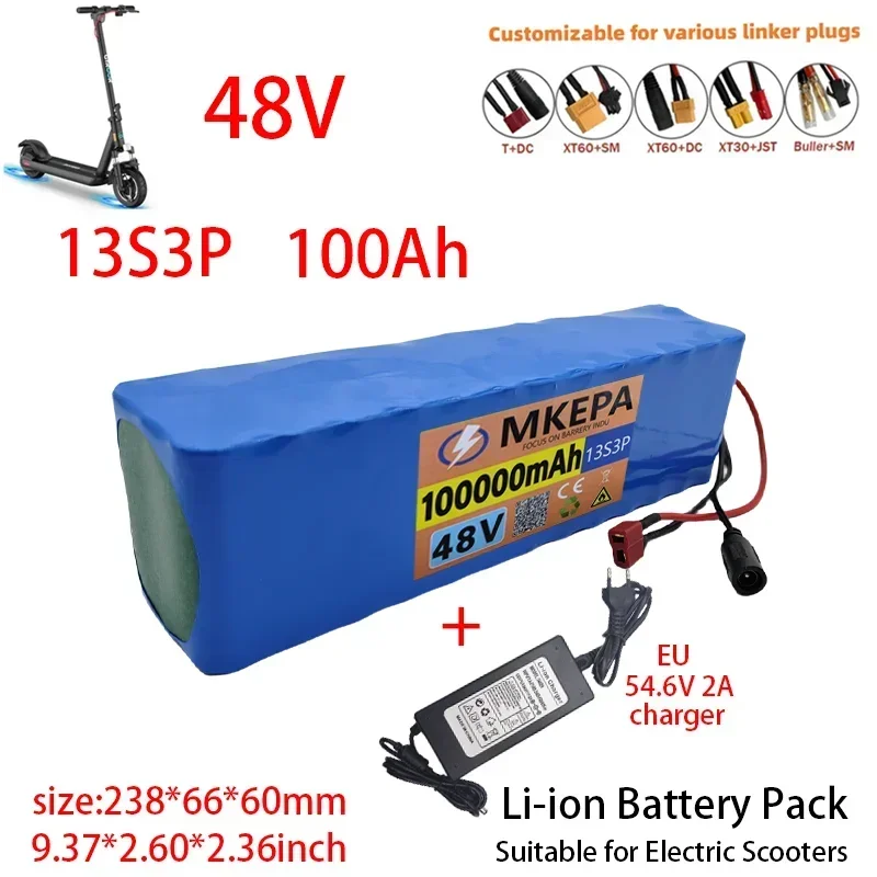 13S3P 48V 100Ah Electric Scooter Battery Pack 18650 Lithium Ion Battery 1000w Electric Scooter E-bike Conversion Kit BMS Charger