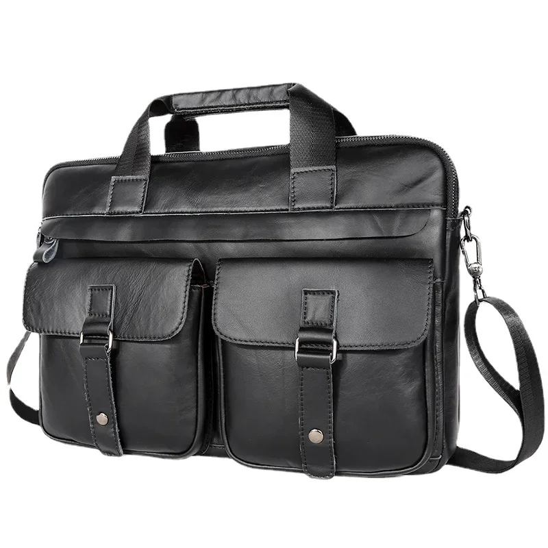 Bolso de cuero genuino informal para hombre, bolso de hombro de negocios para ordenador portátil, bandolera de viaje, maletín con múltiples bolsillos