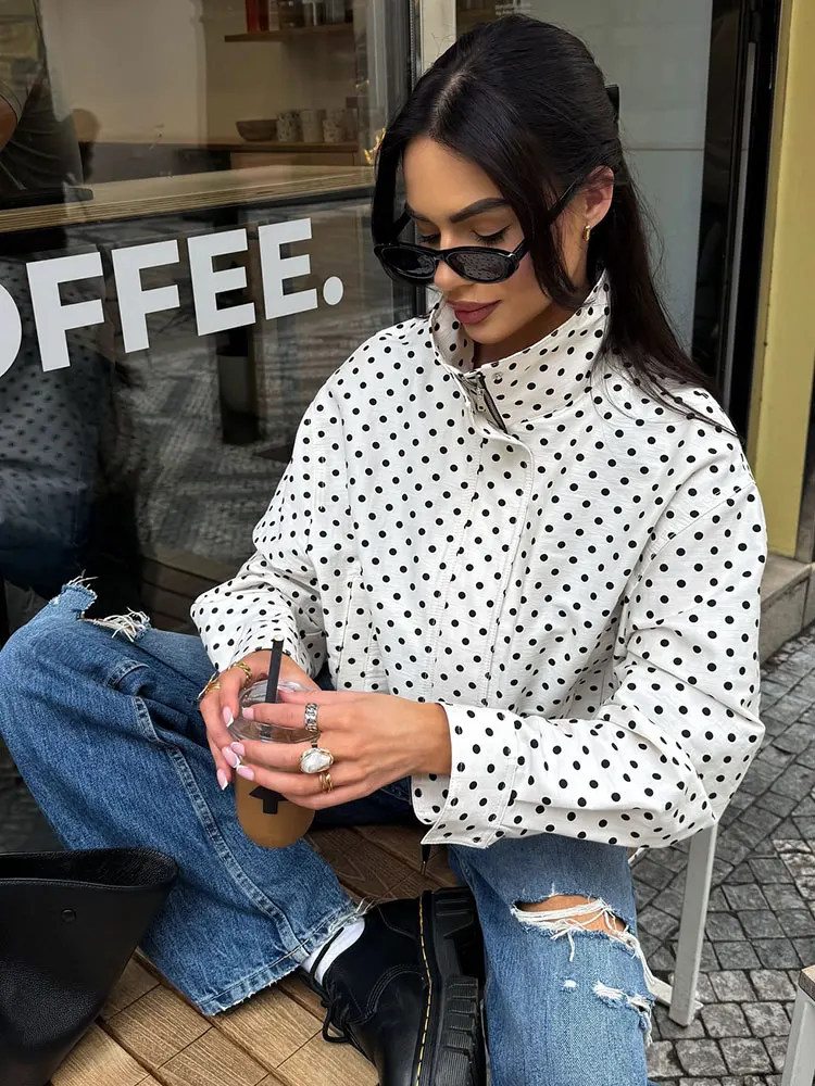 เสื้อโค้ทลายจุดสำหรับผู้หญิง แขนยาว ติดกระดุมและซิป สไตล์ลำลองหลวมๆ สำหรับฤดูใบไม้ร่วง ปี 2025 เหมาะสำหรับคุณแม่ตั้งครรภ์