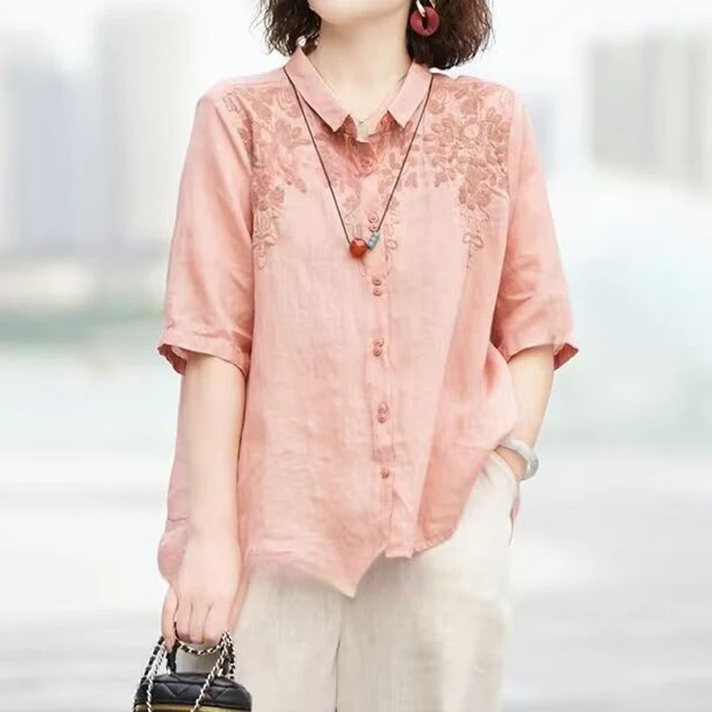 Women Vintage Embroidery Cotton Linen Shirts Spring Summer Casual Thin Breathable Blouses Ladies Half Sleeve Solid Oversize Tops