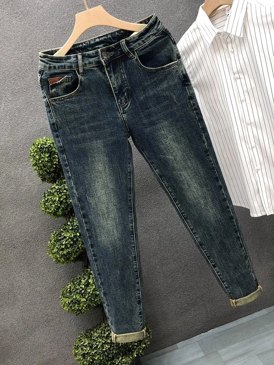 

Мужские эластичные джинсы слим-фит, повседневные длинные брюки, универсальные джинсовые брюки из денима, весна-осень, модные брюки-капри, молодежная одежда