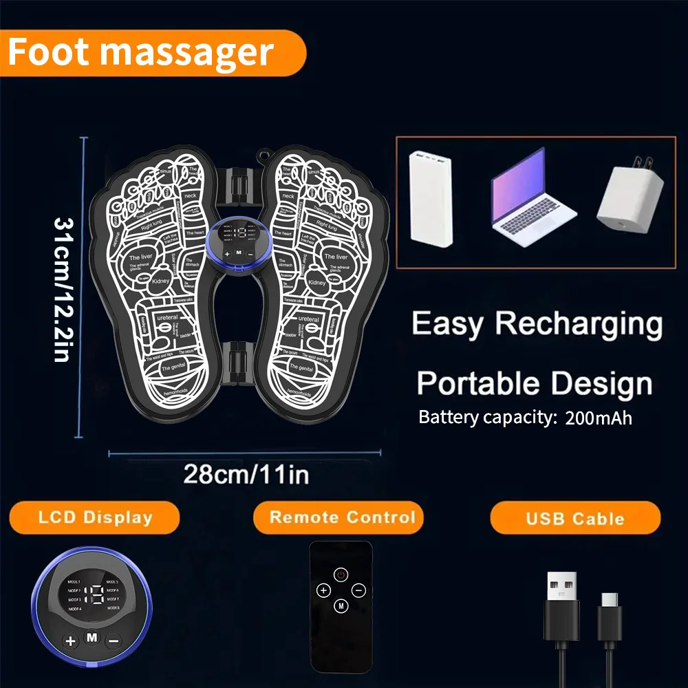 

Перезаряжаемый коврик для массажа ног EMS с микротоковым импульсом для домашней релаксации, комфорта, портативного использования