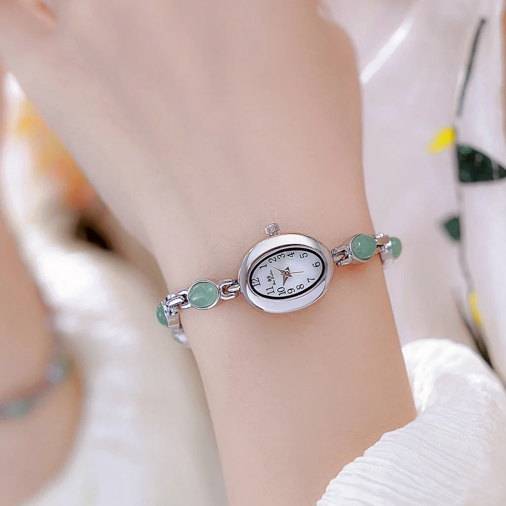 Luxury Women’s Quartz Watch Natural Color Jade Bracelet Oval Small Dial Fashion Ladies Dress Wristwatch Quality 2025 New Gift